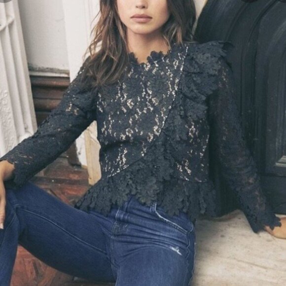 Saylor Jasmyn Long Sleeve Coated Lace Top Black - Picture 9 of 13